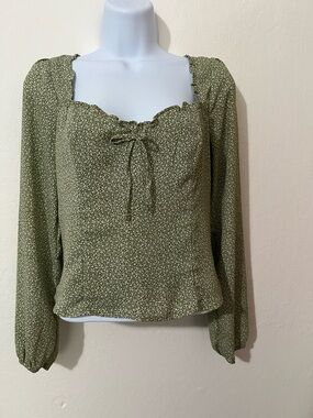 Abercrombie and Fitch Olive Green Floral Long-Sleeve Cropped Peasant Blouse